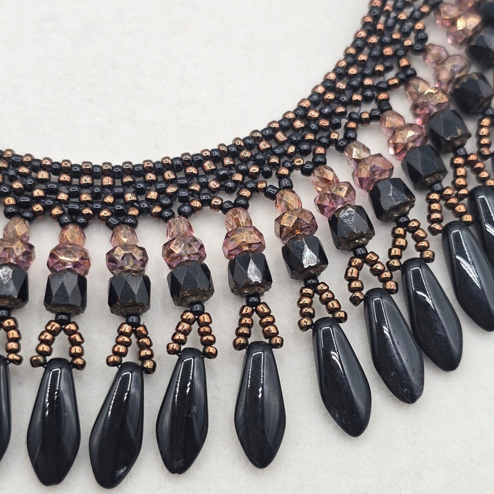 Beaded Fringe Collar Necklace Black Teardrop Goth Whimsigoth Dark Glam 18 inch